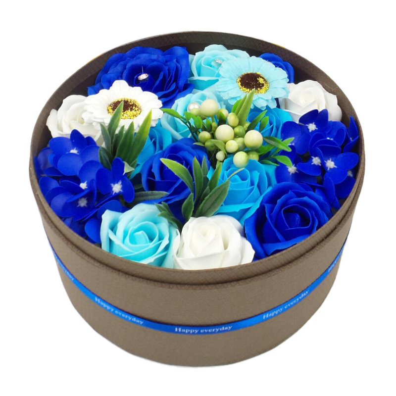 Fleurs artificielles artificielles parfumées pour toujours dans une boîte-cadeau ronde, Bleu