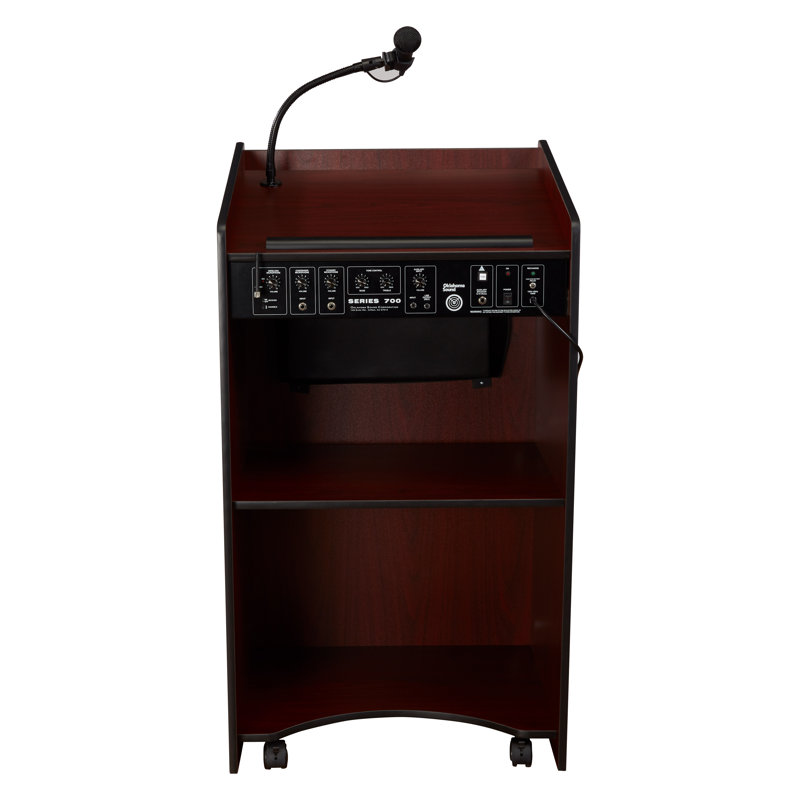 Mahogany Mobile Lectern with Wireless Microphone and Storage