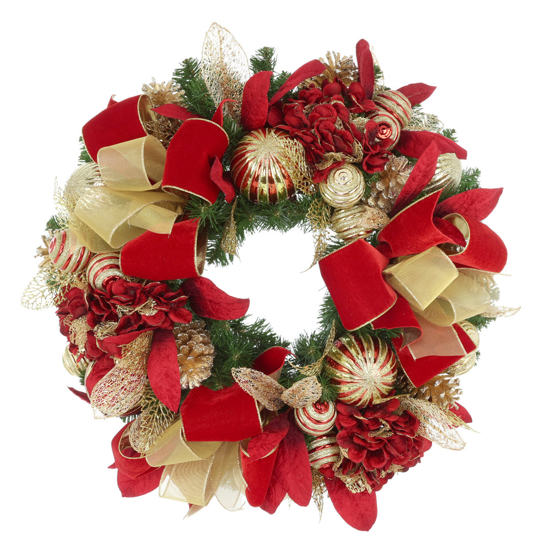 Jiair Holiday Wreath with Hydrangeas, Glitter Leaves, Ornaments and Bows The Holiday Aisle® Wreath 