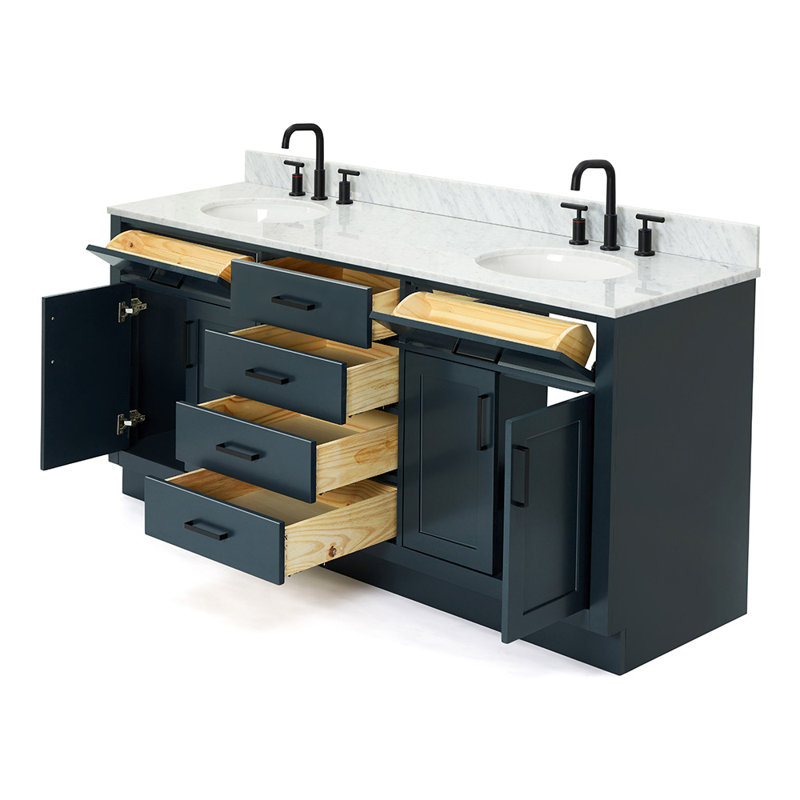 Jameal 72'' Solid Wood Double Bathroom Vanity with 0.75'' Carrara Marble Top, Midnight Blue, Oval