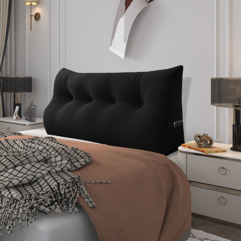 Coussin de lecture de tête de lit en velours de coton avec housse amovible et lavable, Lit double, Noir