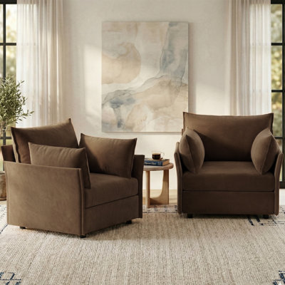 Mid Century Modern Accent Chair For Living Room, Upholstered Arm Chair Set Of 2 With Arms-Brown