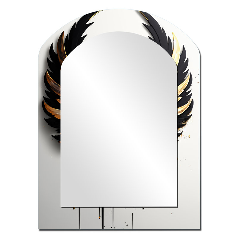 Black Silver And Gold Angel Wings III - Wings Angel Asymmetrical Wall Mirror, White Arch Decorative Mirror, Printed Metal Art