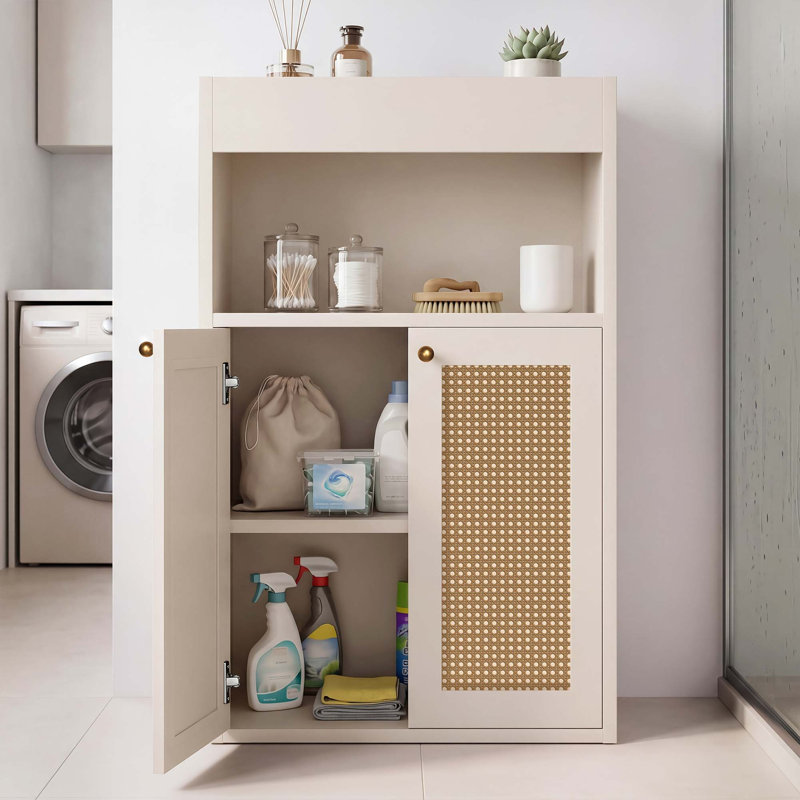 Armoire de rangement autoportante avec portes en rotin et rangement réglable multizone, Blanc