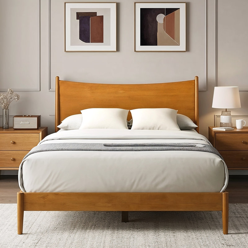 Locke Revalo Mid-Century Solid Wood Queen Platform Bed With Curved Headboard, Orange