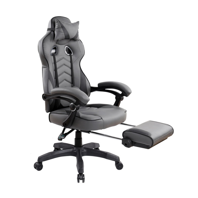 Chaise ergonomique noire et grise de style course avec dossier et repose-pieds inclinables