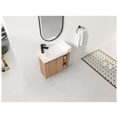 Meuble-lavabo mural 24 po avec lavabo en céramique blanche au fini imitation chêne