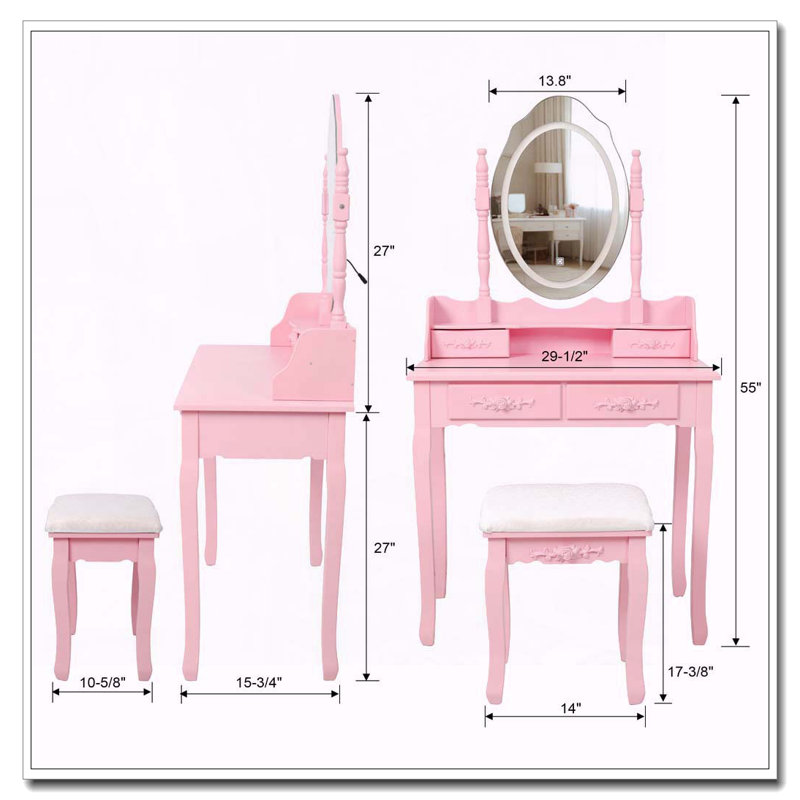 Ensemble de coiffeuse avec miroir à lumière rose, 4 tiroirs et tabouret Pink Princess, Rose