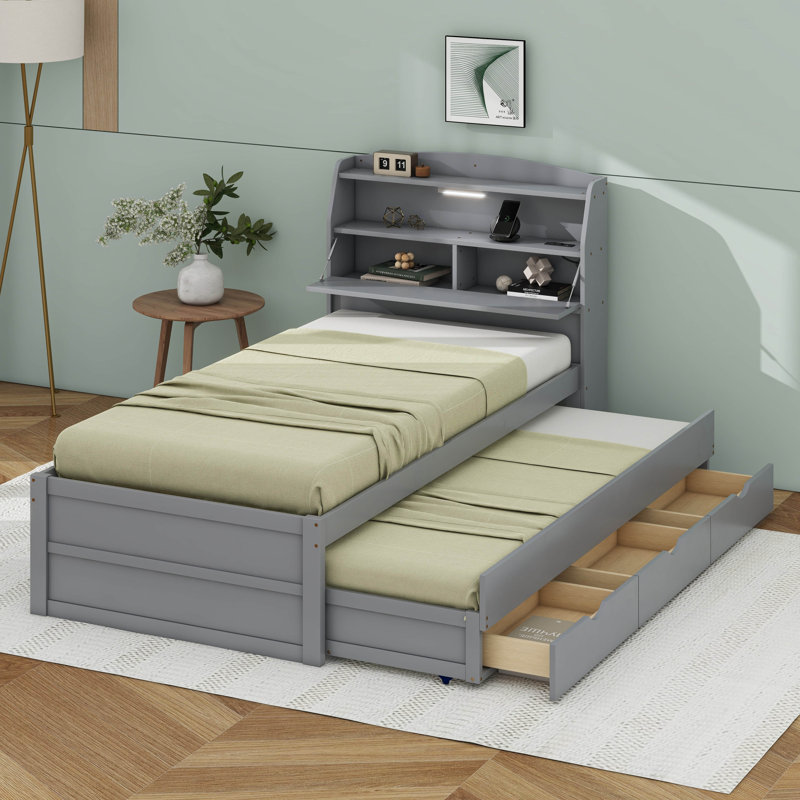 Base de lit plateforme simple avec tête de lit avec rangement à DEL, lit gigogne et tiroirs, Gris