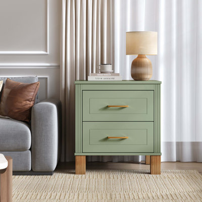 Table de chevet 2 tiroirs, rangement en bois de qualité supérieure avec design cannelé élégant, table de chevet à pieds en bois massif avec poignée en métal, grande table de chevet pour le salon de la chambre à coucher