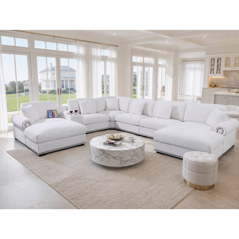 Canapé d'angle surdimensionné 8 places en chenille effet nuage avec deux poufs, deux porte-gobelets, rangements et ports USB