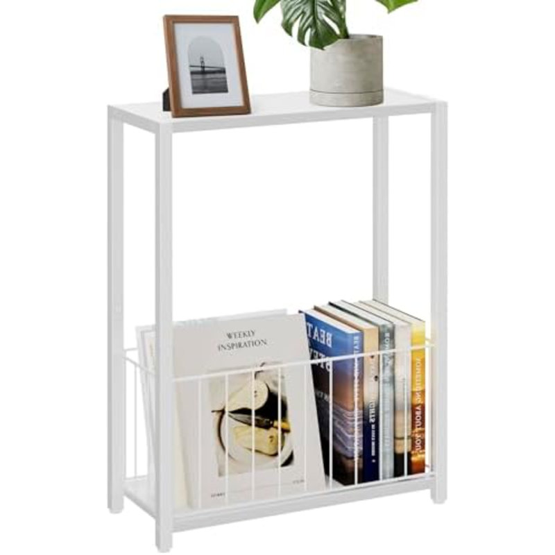 Table d'appoint étroite avec porte-revues, table de bout Skinny | Conception peu encombrante, petits espaces, tablette de rangement, structure en métal, assemblage facile, P 7,1 po x l 16,9 po x H 23,6 po, blanc