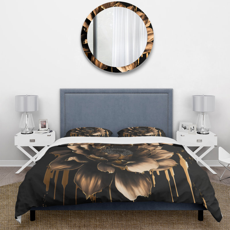 Noir et doré Dahlia - ensemble de housse de couette floral Dahlia - microfibre de polyester