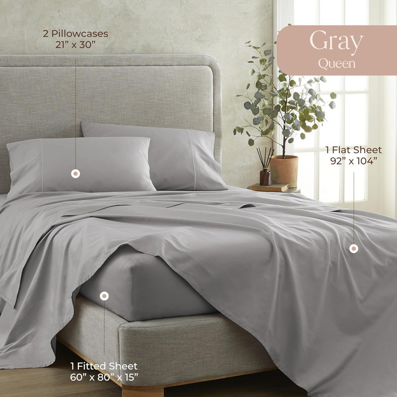Whisper Organic 100% Organic Cotton Sheets Queen Size - GOTS Certified Organic Bed Sheets with Deep Pocket 500 Thread Count and Cozy Sateen Weave Gets Softer with Each Wash - Luxury 4 Piece Set (Gray, Queen)