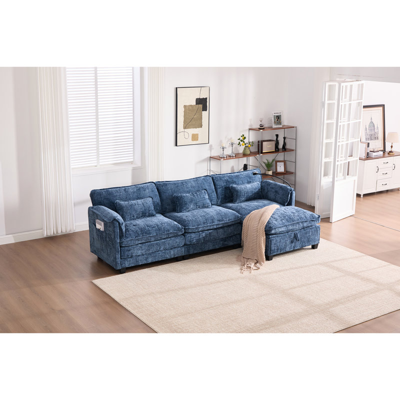 Canapé modulaire confortable en chenille avec tissu doux, structure et peau en bois massif - pour espace de vie surdimensionné éponge à haute densité de 112 po, support pour téléphone à poches latérales