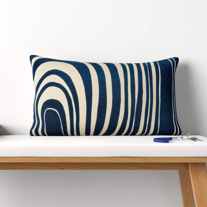 Hatton Embroidered Cotton Lumbar Throw Pillow, Dark Blue/Beige