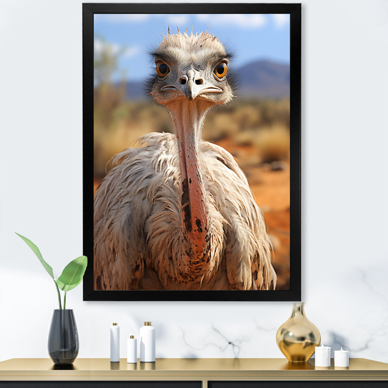 Keone, autruche africaine dans la savane, reproduction d'art sur toile, Cadre noir, H 40 po x l 30 po x P 1,5 po