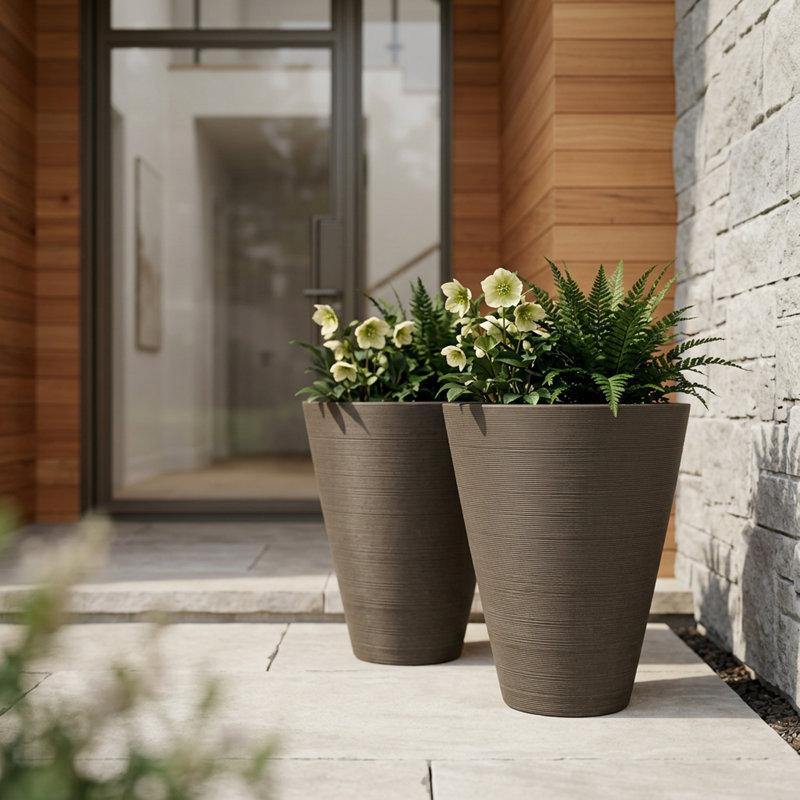 Taio 14" Ribbed Round Composite Planter Set, Chocolate, 14" H x 11.4" W x 11.4" D
