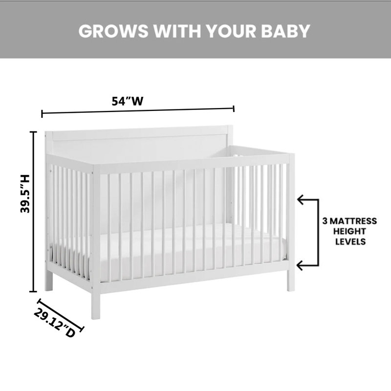 White Solid Wood 4-in-1 Convertible Crib with Panel Headboard