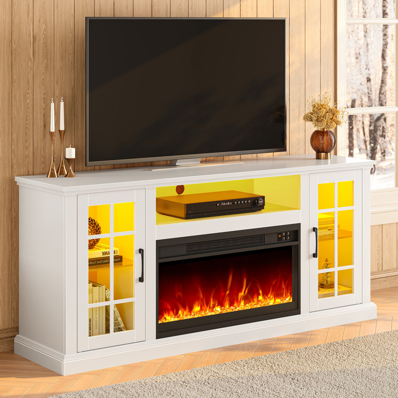 59" TV Stand with Fireplace, RGB LED Lights and Charging Station, White