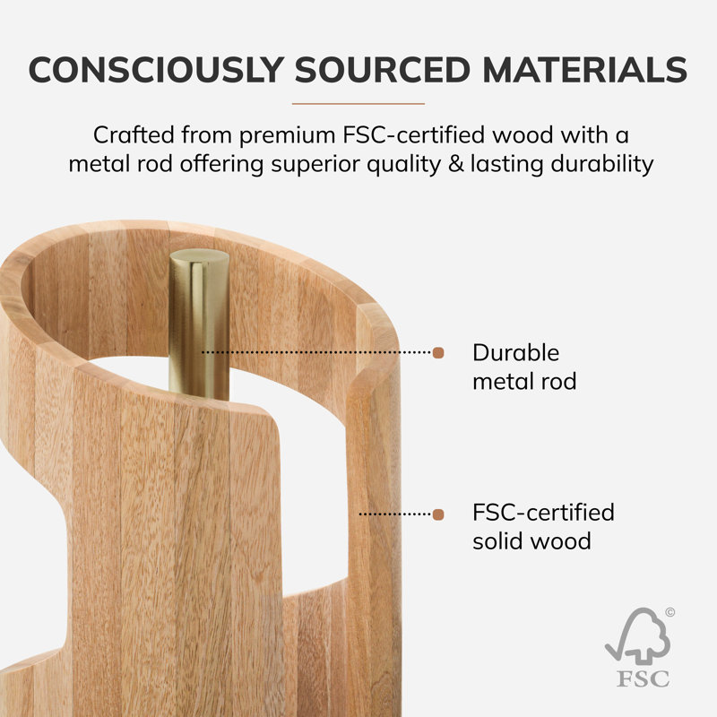 Wooden Paper Towel Holder with Negative Space Design for Kitchen and Table Decor, Anti Skid Base, Eco Friendly Mango Wood & Metal Rod - Mango / Gold