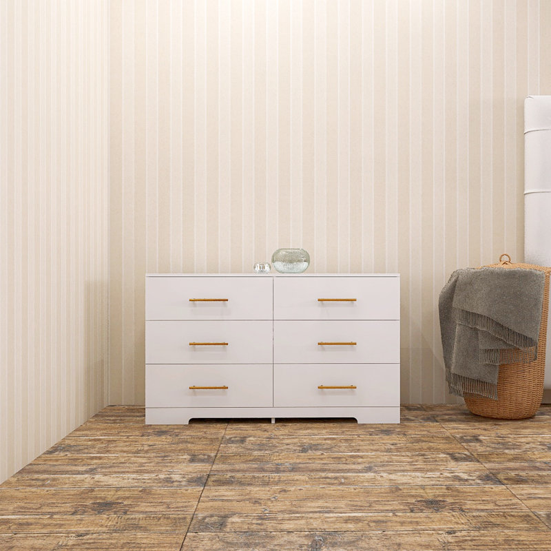 Grande commode 6 tiroirs avec poignée dorée, Blanc