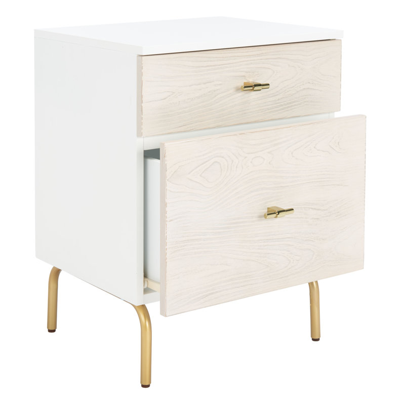 Table de chevet élégante à 2 tiroirs avec poignées dorées en bois, Blanc