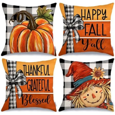 Fall Buffalo Plaid Pumpkin Scarecrow Pillow Covers 18x18 Set 4
