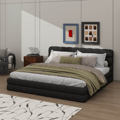 King-Scale Bed Frame, Padded Platform Bed With Headboard, Plush Berber Fleece, Contemporary Design