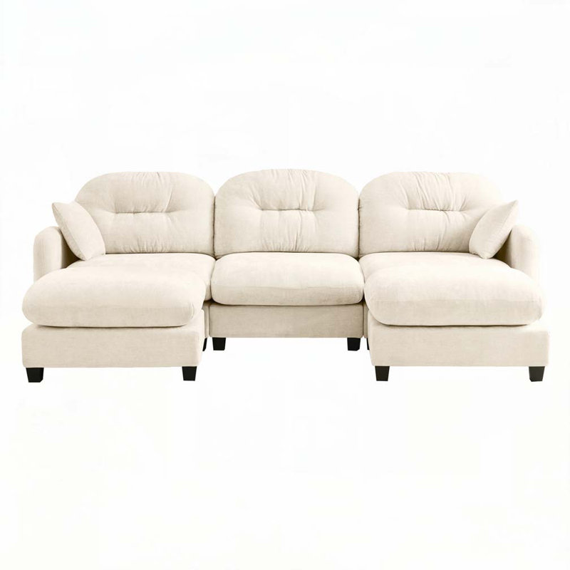 Canapé modulaire en chenille 3 places avec 2 coussins et 2 repose-pieds, Beige