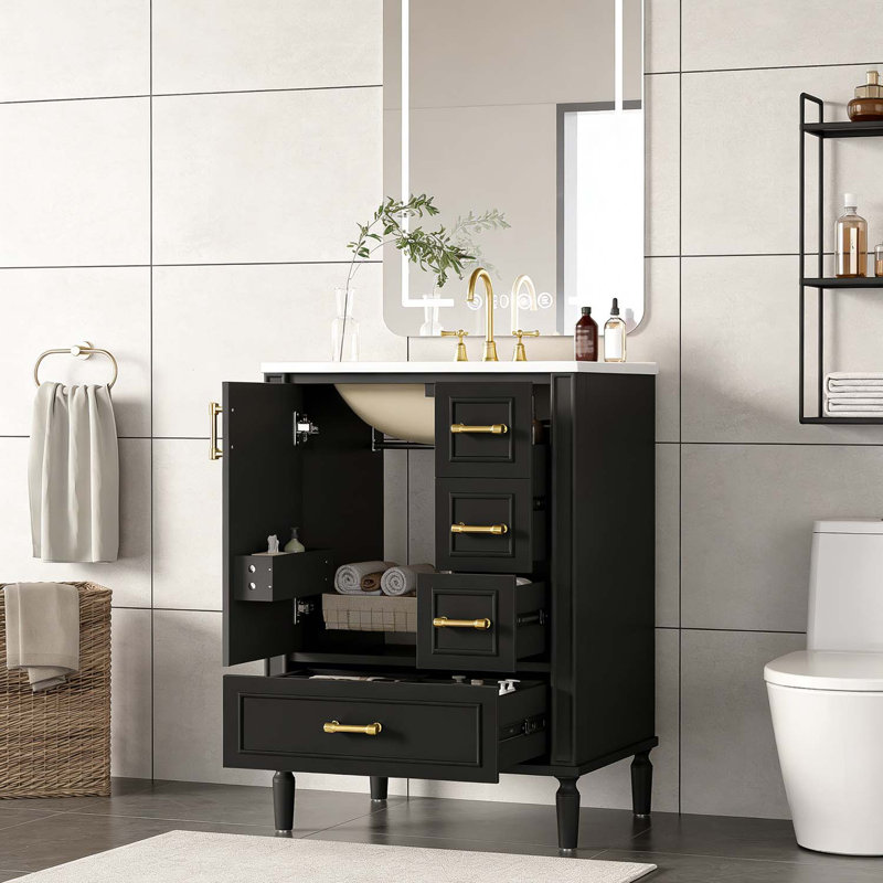 Meuble-lavabo moderne avec lavabo en céramique, porte à fermeture douce et tiroirs multiples, Noir