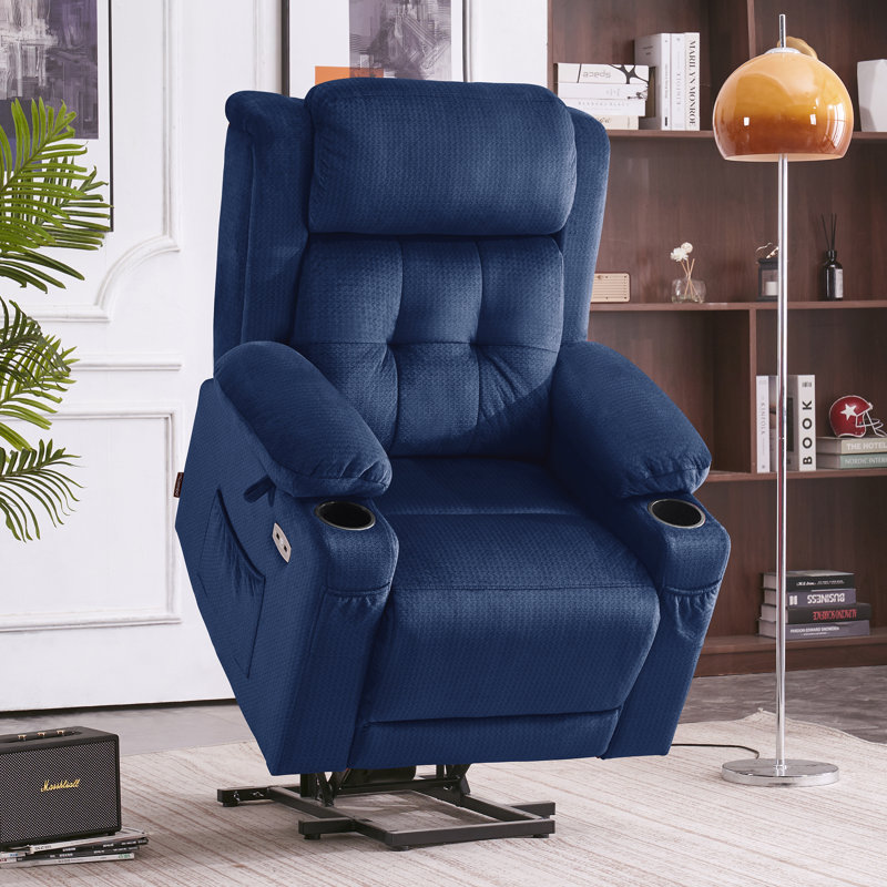Upholstered Heated Massage Chair, Navy Blue Polyester