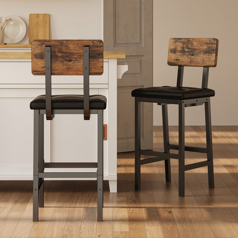 17 Stories Bar Stools with Backrest, 16.5'' Square Pu Upholstered Barstools for Kitchen Island, 2, Black