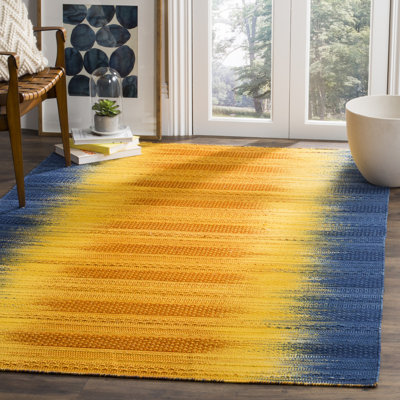 Tapis en laine / coton tissé à la main Bennett en bleu foncé / jaune