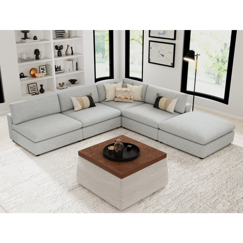Canapé modulaire 5 pièces avec repose-pieds Minimalist, Crème