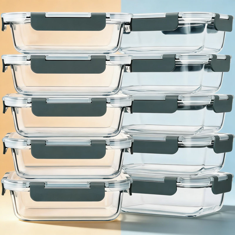 Paquet de 10 contenants de préparation de repas en verre avec couvercles, contenants de rangement en verre borosilicaté de 22 oz, hermétiques, au micro-ondes, au four, au congélateur et au lave-vaisselle, empilables