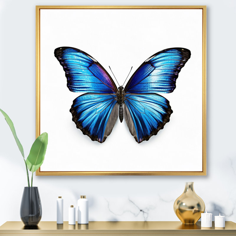 Papillon bleu vibrant I, Cadre flottant doré, H 12 po x l 20 po x P 1 po