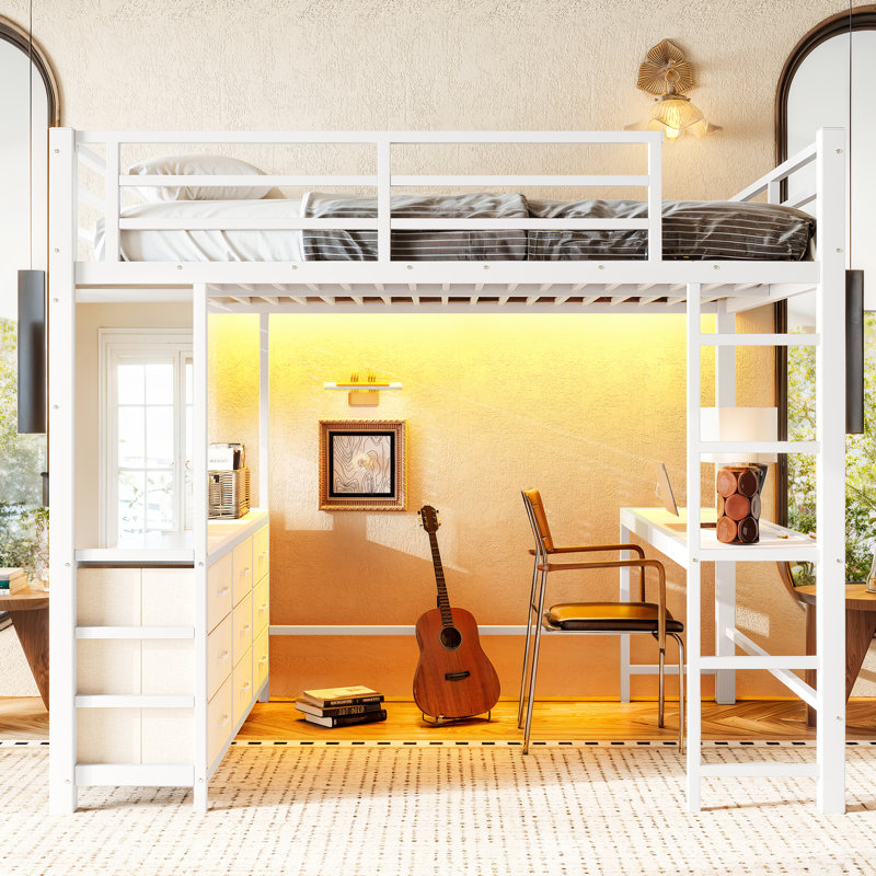Lit mezzanine double avec bureau, tiroirs, éclairage DEL, port USB, miroir et structure robuste. Lit mezzanine multifonctionnel pour adolescents et adultes. Blanc/Noir.