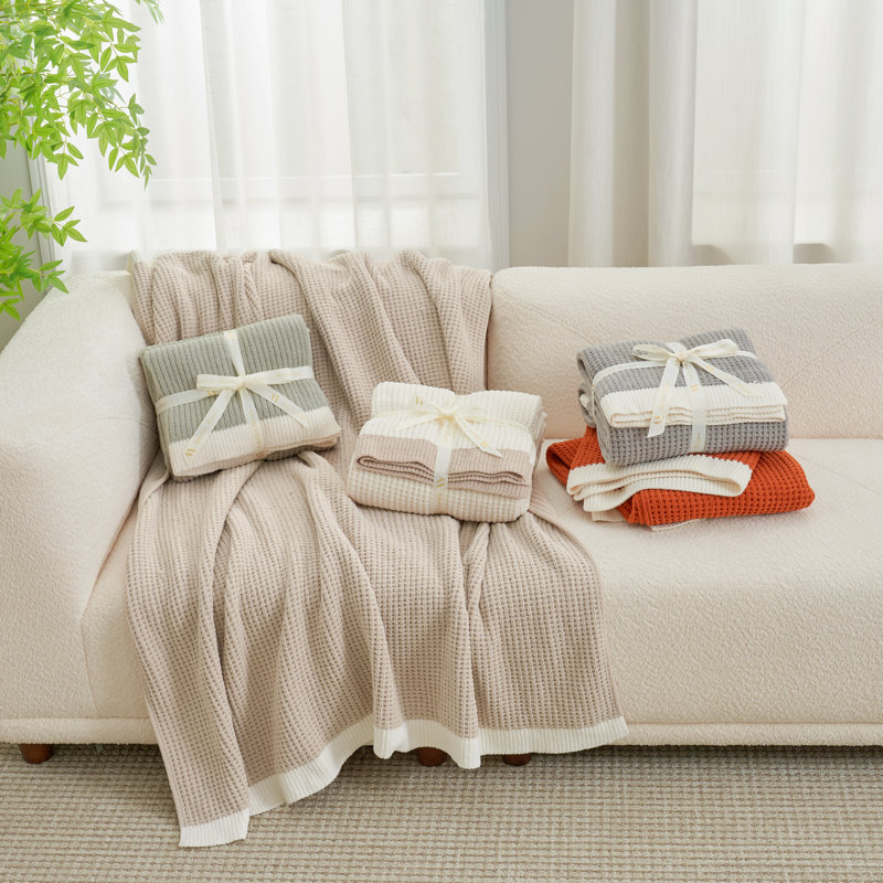 Jeté réversible en tricot de chenille tissé gaufré pour canapé, lit et salon, L 50 po x L 60 po, Beige