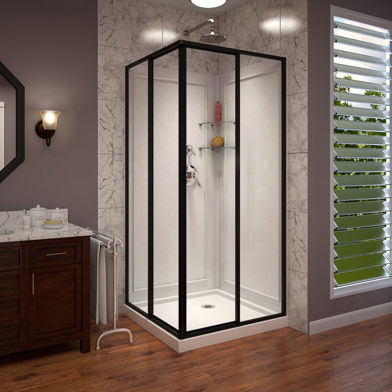 Cabine de douche carrée coulissante 36 po x 76,75 po avec base incluse Cornerview, Noir mat