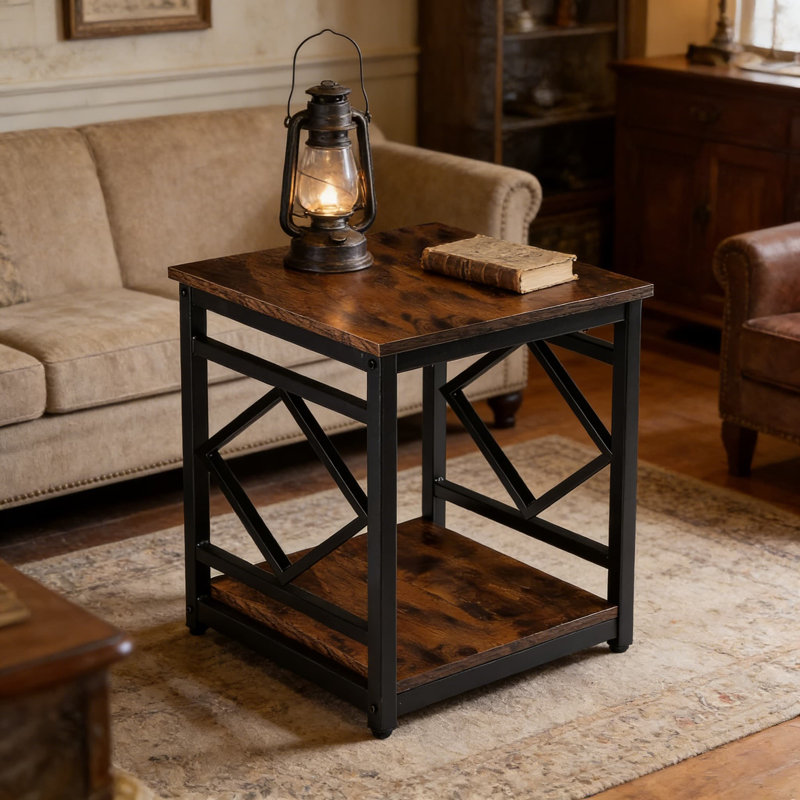 Table de bout industrielle avec rangement, table d'appoint robuste à 2 niveaux pour mini réfrigérateur, refroidisseur de boissons, bureau, dortoir, appartement et chambre à coucher - Finition brun rustique