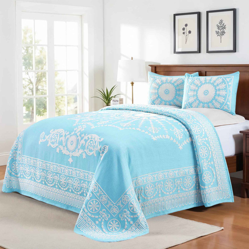 Ensemble de couvre-lit et de taies décoratives en mélange de coton jacquard The Blue Nile Mills, Bleu paon géométrique