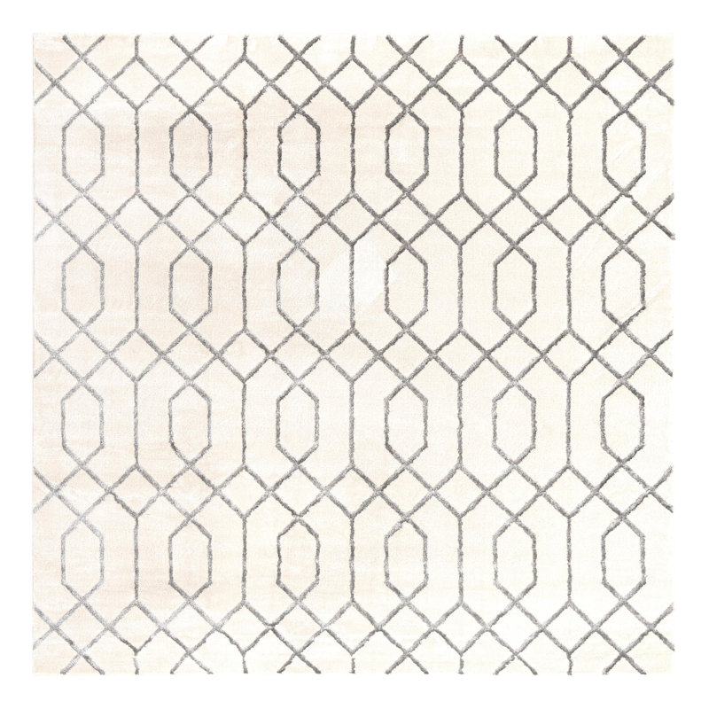 Glam Geometric White Silver Area Rug, Square 7'10"