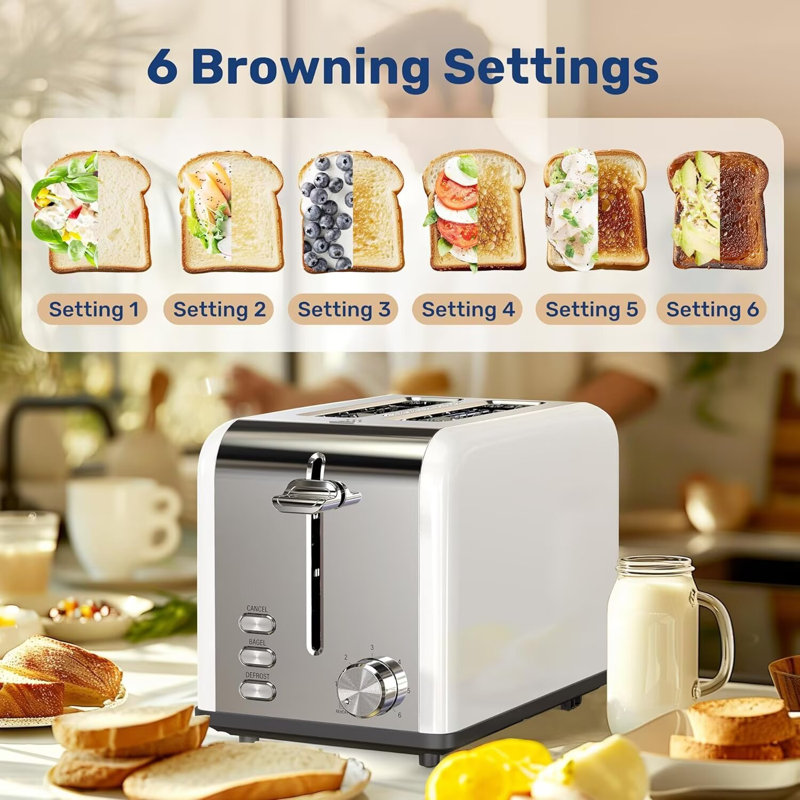 YSSOA Stainless Steel 2 Slice Toaster, 6 Browning Setting and Bagel/Defrost/Cancel Functions, Retro Compact Oven, Extra Wide Slot, Removable Crumb Tray