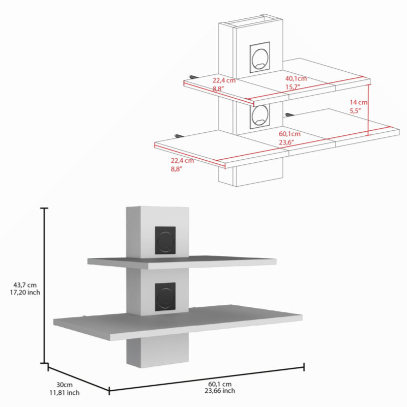 Floating Shelf, 2 Tier-Shelf Wall Unit With Cable Management