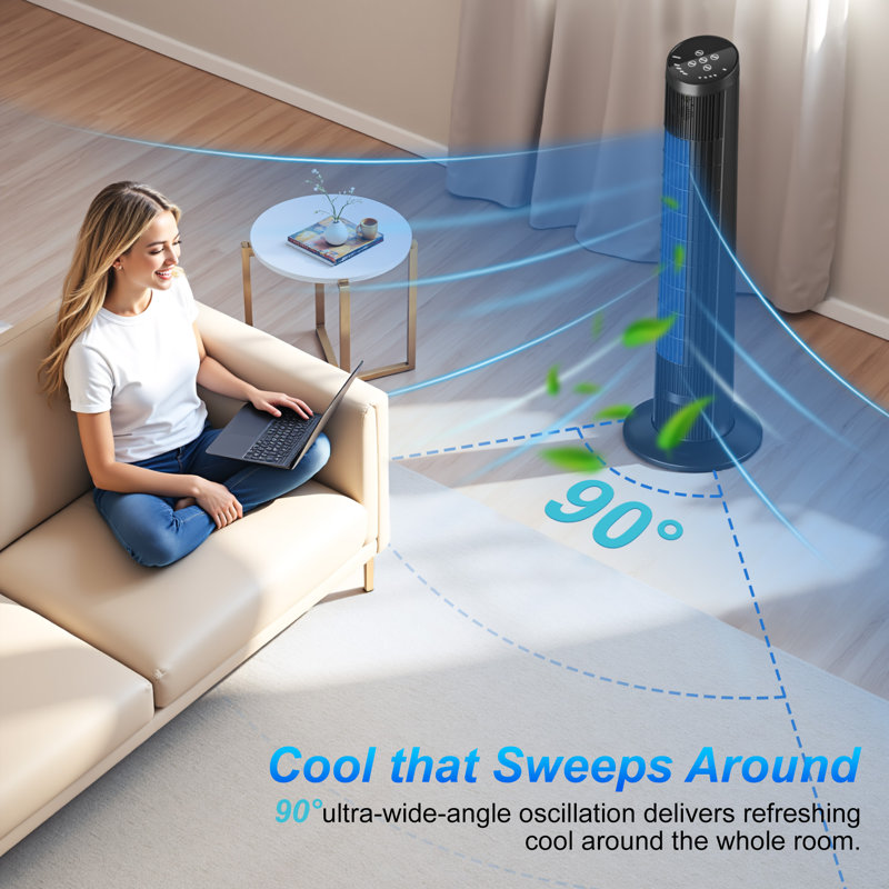 Ventilateur tour sans lame à commande vocale 60w Coocaa - Débit d'air 90 °, aussi silencieux que 10db, 3 vitesses, 3 modes, 15 heures de durabilité, conception sûre et anti-électrocution, noir