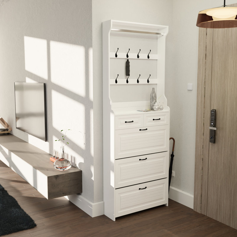 2 range-chaussures blancs à 3 portes avec cintre, configuration de rangement, tablettes réglables, conception artistique, construction sans effort