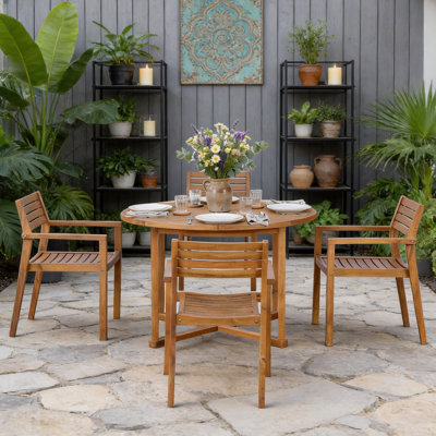 Ensemble de salle à manger pour 4 personnes en bois d'acacia avec table ronde pour patio, jardin, bord de piscine, pelouse et intérieur 
