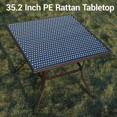 Table bistro extérieure 35,4 po, table d'appoint en rotin PE avec tablette de rangement, table de salle à manger d'extérieur pour balcon de jardin, bleu
