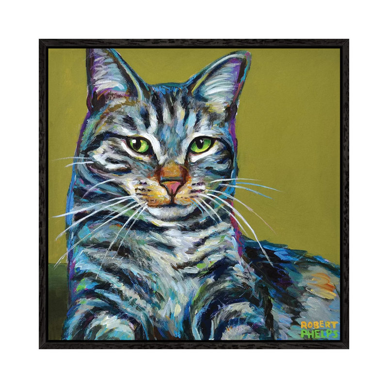 Striped Tabby On Green by Robert Phelps - Gallery-Wrapped Canvas Giclée on Canvas, 45.72 cm H x 45.72 cm W, Black Framed